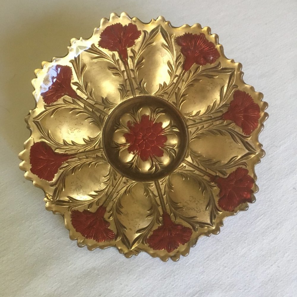 Decorative Plate Gold with Red Flowers. 7"